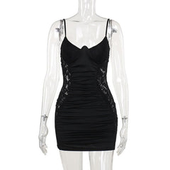 V neck lace ruched backless cami mini dress