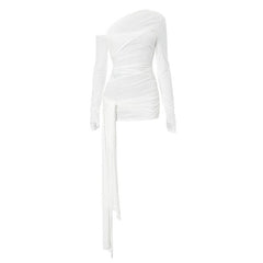 One shoulder long sleeve ruched hollow out knotted cut out top