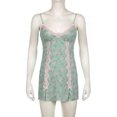 Lace hem bowknot print mesh slit cami mini dress
