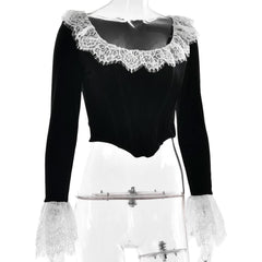 Long flared sleeve lace patchwork velvet zip-up top