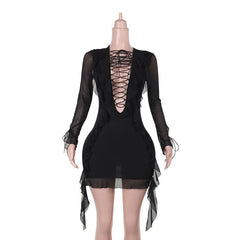Long sleeve lace up ruffle self tie mesh mini dress-final-sale