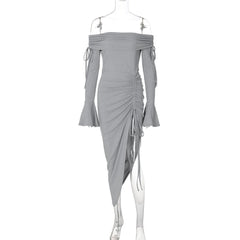 Off shoulder long flared sleeve drawstring ruched midi dress