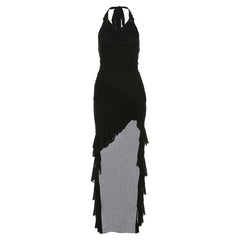 Halter cowl neck flower applique ruffle maxi dress