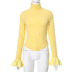 High neck long flared sleeve ruched ribbed solid top