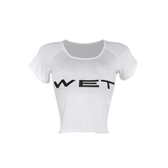 Short sleeve “WETâ€?ruffle u neck top