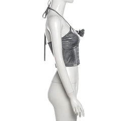 Self tie halter flower applique backless top
