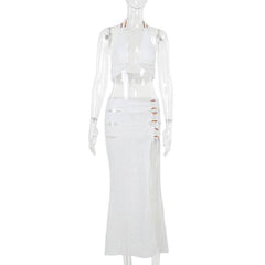 Halter hollow out slit self tie irregular cut out midi skirt set