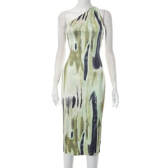 One shoulder backless tie dye irregular midi dress-final-sale