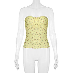 Ruched ruffle print flower applique tube top