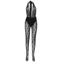 Halter deep v neck see through lace pant set