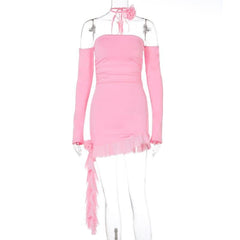 Long sleeve off shoulder flower applique ruffle ruched mini dress-final-sale