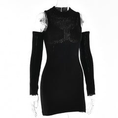 Long sleeve solid off shoulder crochet hollow out cut out mini dress - Final Sale