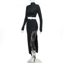 Long sleeve high neck self tie slit maxi skirt set