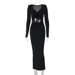 Long sleeve padded ruched flower applique hollow out cut out midi dress-final-sale
