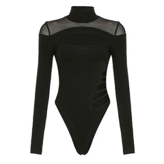 High neck long sleeve mesh hollow out bodysuit