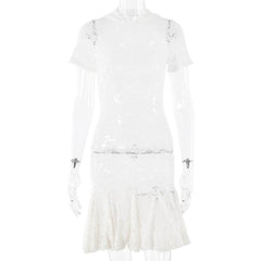 Short sleeve hoodie lace see through mini dress