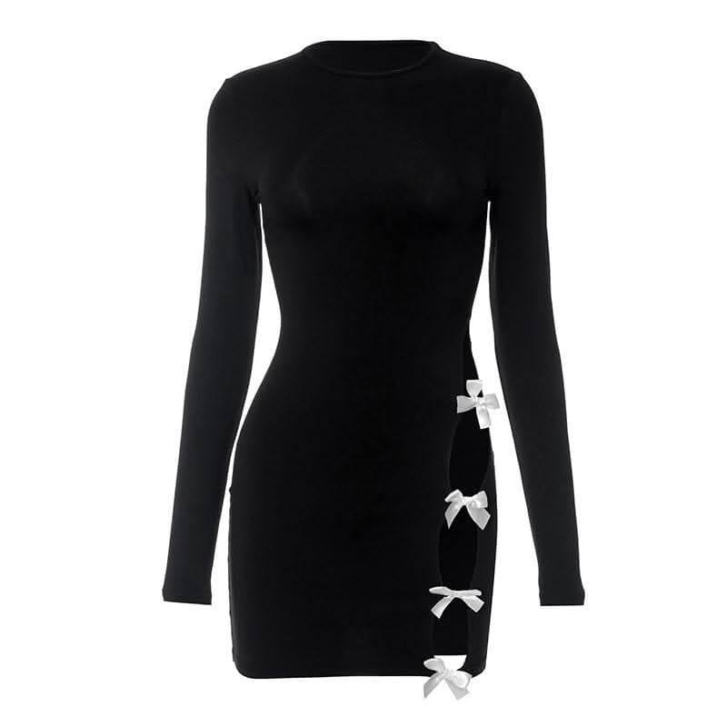Long sleeve bowknot hollow out crewneck mini dress-final-sale