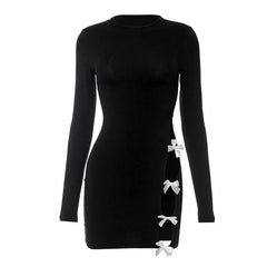Long sleeve bowknot hollow out crewneck mini dress-final-sale