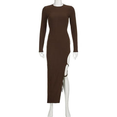 Self tie irregular long sleeve slit crewneck solid midi dress-final-sale