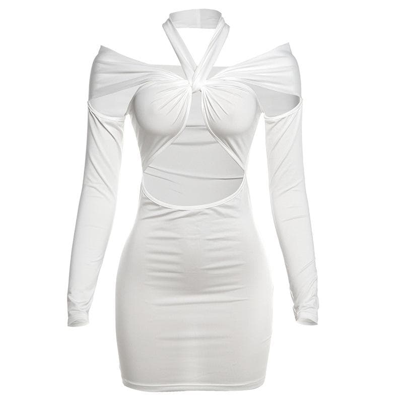 Long sleeve halter hollow out solid cut out mini dress
