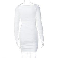 Long sleeve solid square neck ruched mini dress-final-sale