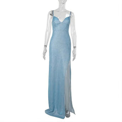 V neck high slit padded backless cami maxi dress