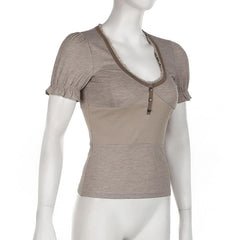 Short puff sleeve button stitch ruffle ribbed top