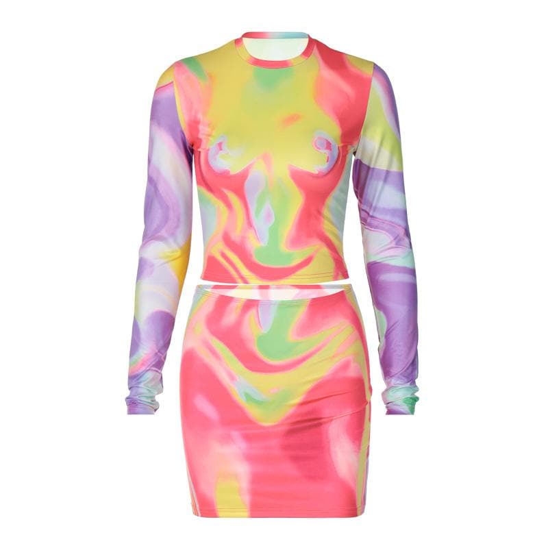Contrast print long sleeve crewneck mini skirt set