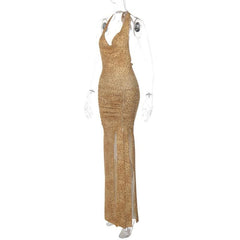 Halter cowl neck print high slit ruched maxi dress