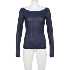 Self tie backless round neck long sleeve textured top