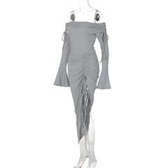 Off shoulder long flared sleeve drawstring ruched midi dress