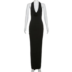 Halter v neck flower applique backless ruched maxi dress