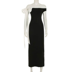 Bowknot off shoulder irregular contrast maxi dress