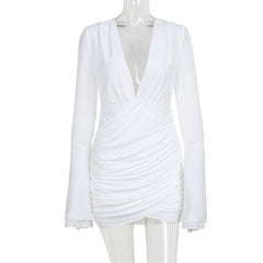 V neck long flared sleeve ruched irregular solid mini dress-final-sale