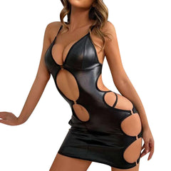 PU leather v neck o ring hollow out cut out mini dress