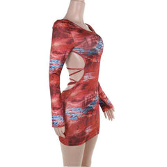 Long sleeve o ring cross front abstract mini dress