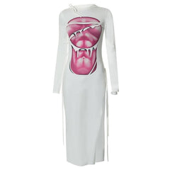 Long sleeve contrast abstract print slit midi dress-final-sale