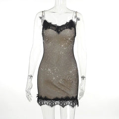 Lace glitter patchwork zip-up v neck cami mini dress