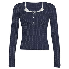 Polka dot long sleeve button lace hem patchwork top