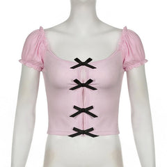 Short puff sleeve hollow out bowknot cut out top