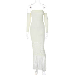 Sweetheart neck off shoulder tassels knitted maxi dress