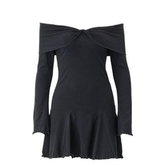 Long sleeve ruffle off shoulder solid ruched mini dress-final-sale