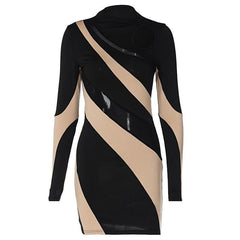 Long sleeve mesh contrast patchwork hollow out cut out mini dress-final-sale