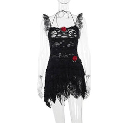 Lace irregular flower applique cami mini dress