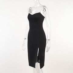 Metal chain v neck slit solid irregular backless midi dress-final-sale