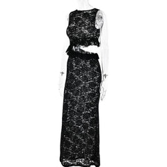 Crewneck hollow out lace ruched see through cut out maxi dress