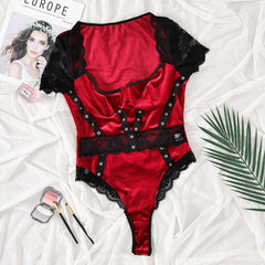 Short sleeve lace velvet patchwork bodysuit