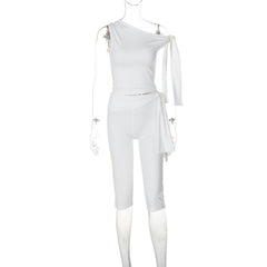 Off shoulder knotted medium rise pant set