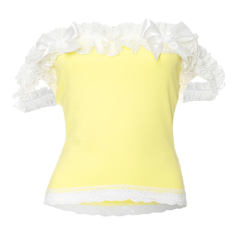Off shoulder lace hem bowknot ruffle top
