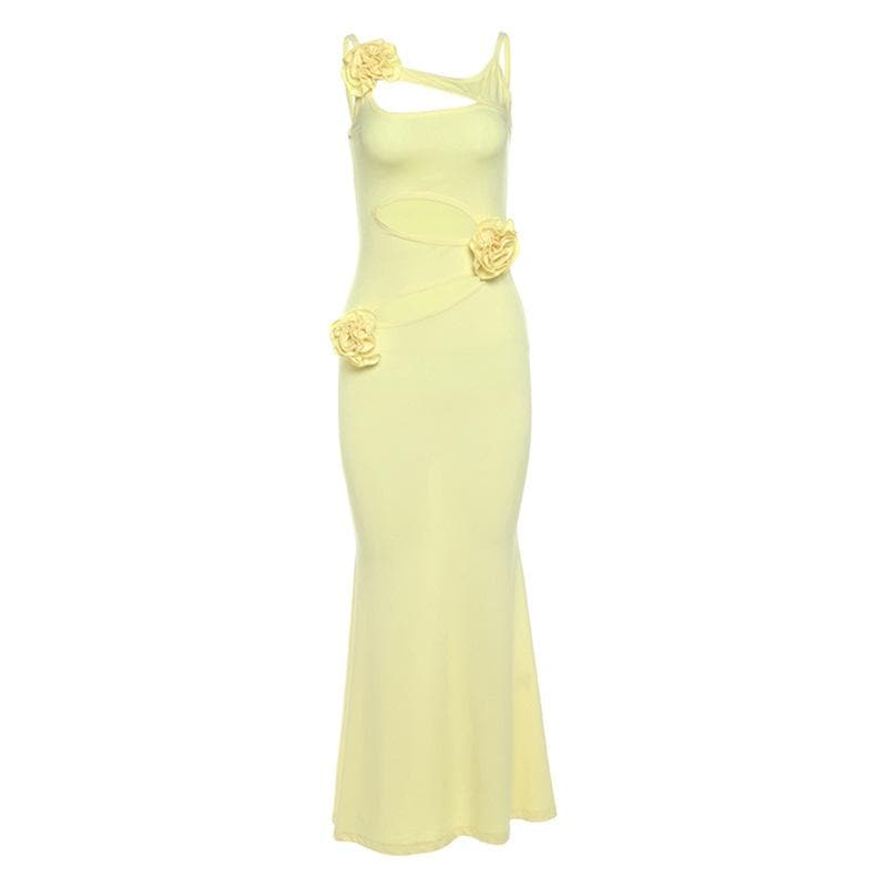 Hollow out rose applique solid cami cut out maxi dress